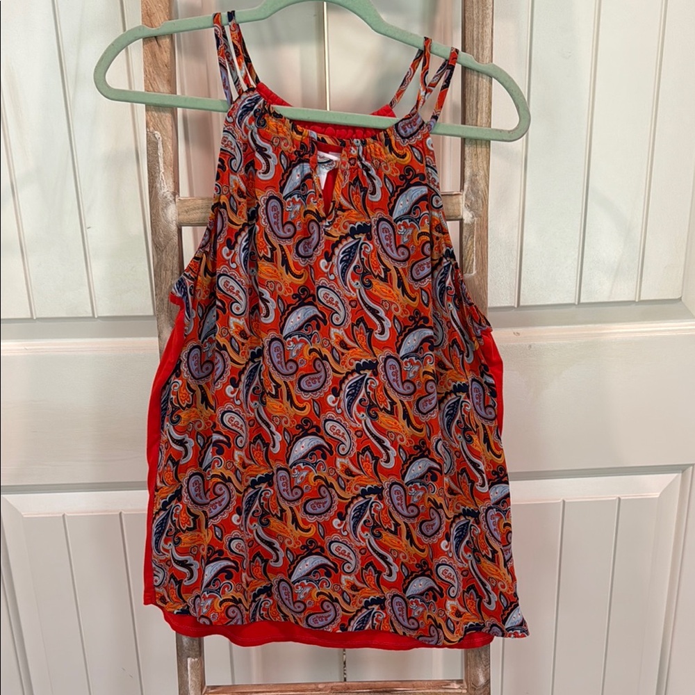 Market & Spruce Orange and Blue Tie Front Sleeveless Tank Top